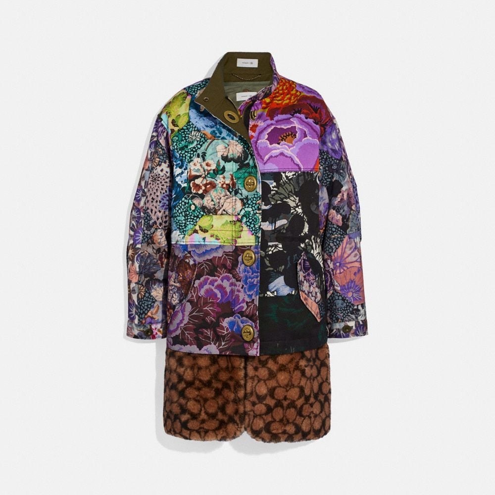 Coach Patchwork Parka w/ Kaffe Fassett Print & Detachable Signature Shearling